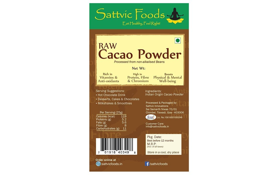Sattvic foods Raw Cacao Powder    Shrink Pack  100 grams